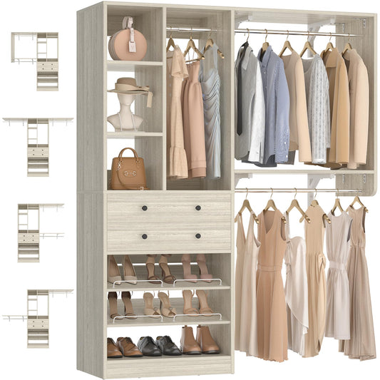 Besiost Closet System - 60"/92" Closet System with Drawers, 5FT/7.67FT Closet Organizer System with Reversible Hanging Shelving and Hanging Rods, for Small/Walk-in Closets, Greige Oak