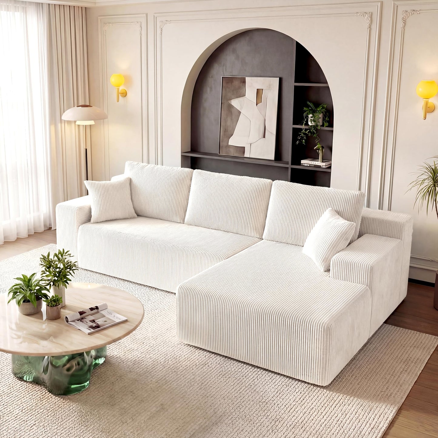 GRUSIGN Cloud Sectional Boneless Couches for Living Room, Modular L Shaped Couch with Deep Seat Oversized Right Facing Chaise, Memory Foam Compressed Spineless 3 Seater Sofa for Apartment, Beige
