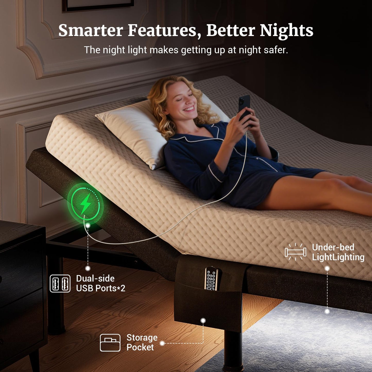 Tami Tami T600 Adjustable Bed Frame Queen Size with Remote & Massage - Electric Beds Bases, Zero Gravity, Dual Side USB, Side Pockets, Nightlight, Quiet Motor, Wireless Remote, 5 Min Easy Assembly