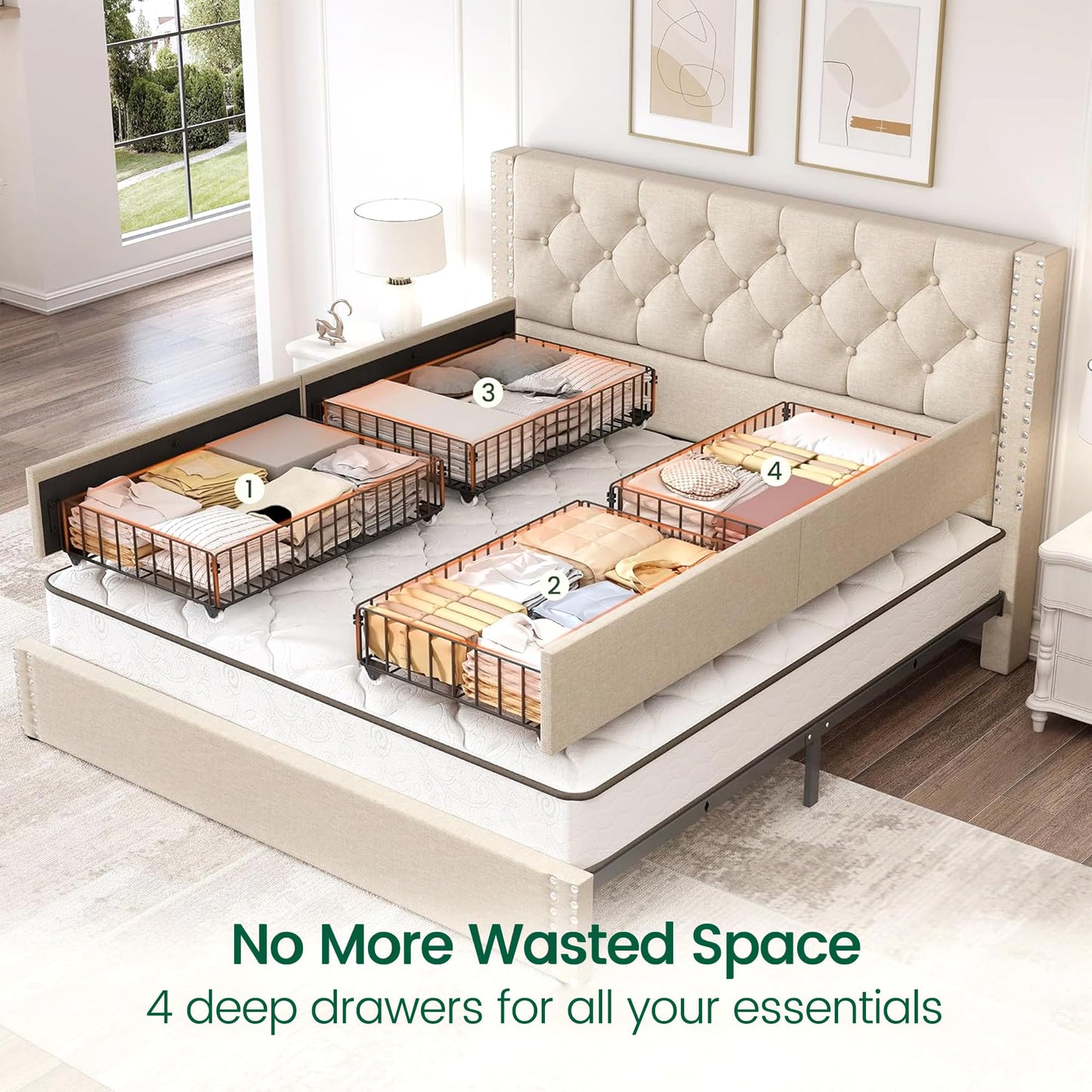 LARMACE Queen Size Bed Frame with 4 Storage Drawers and Tufted Headboard Linen Upholstered Platform Bed Frame with Heavy Duty Wood Slats, No Box Spring Needed, Easy Assembly, Beige