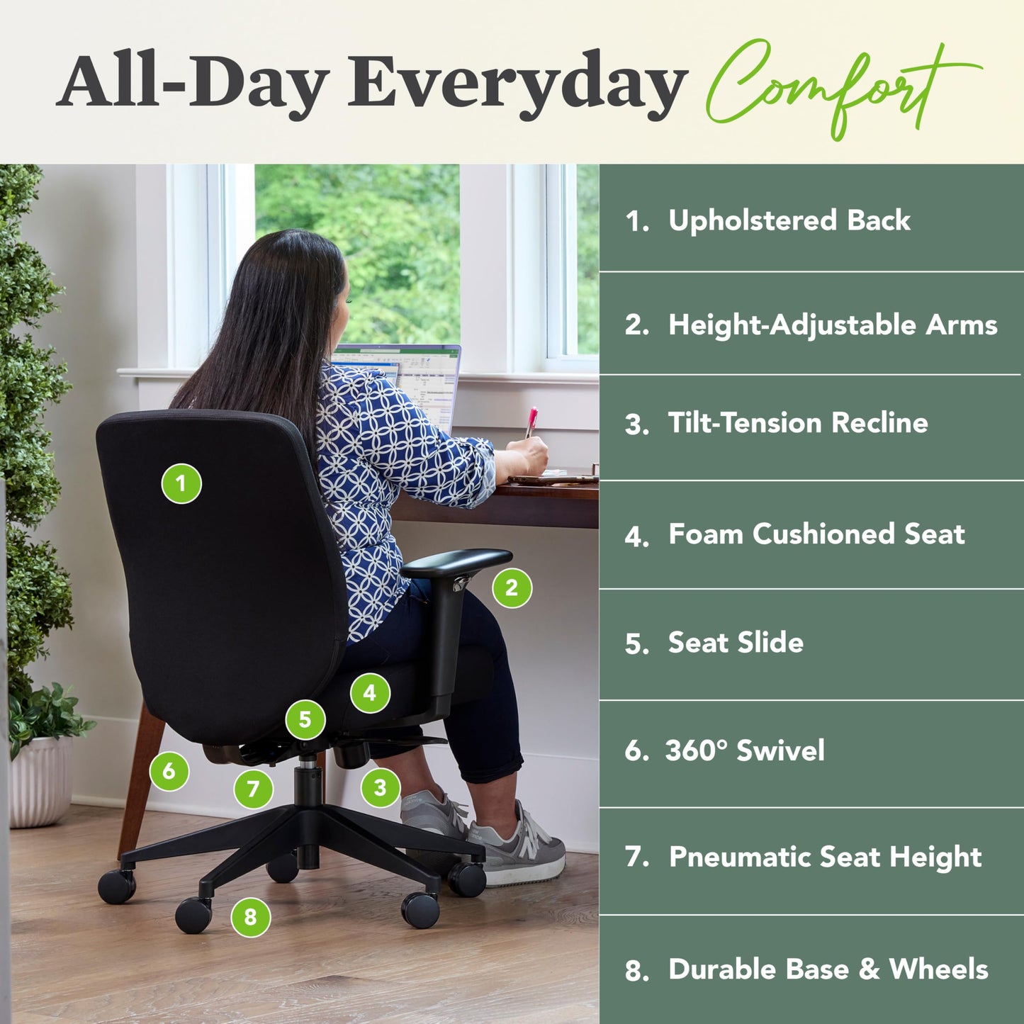 HON Altern Ergonomic Fabric Office Chair, Low‑Back Desk Chair with Adjustable Arms, Seat Slide, Synchro‑Tilt, Rolling Computer Seat for Home Office, Black Frame, Black