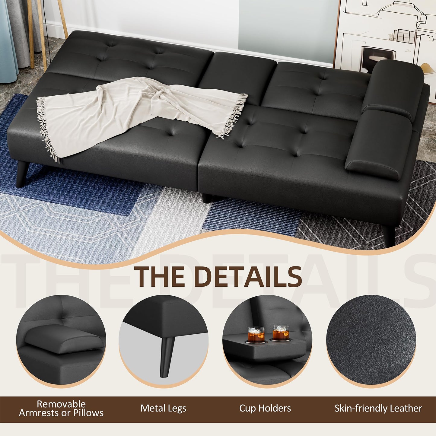 Shintenchi Futon Sofa Bed, Leather Foldable Futon Couch, Reclining Sleeper with Removable Armrests, Upholstered Loveseat Sofa Couch with Folding Cup Holders for Home, Office(Black)