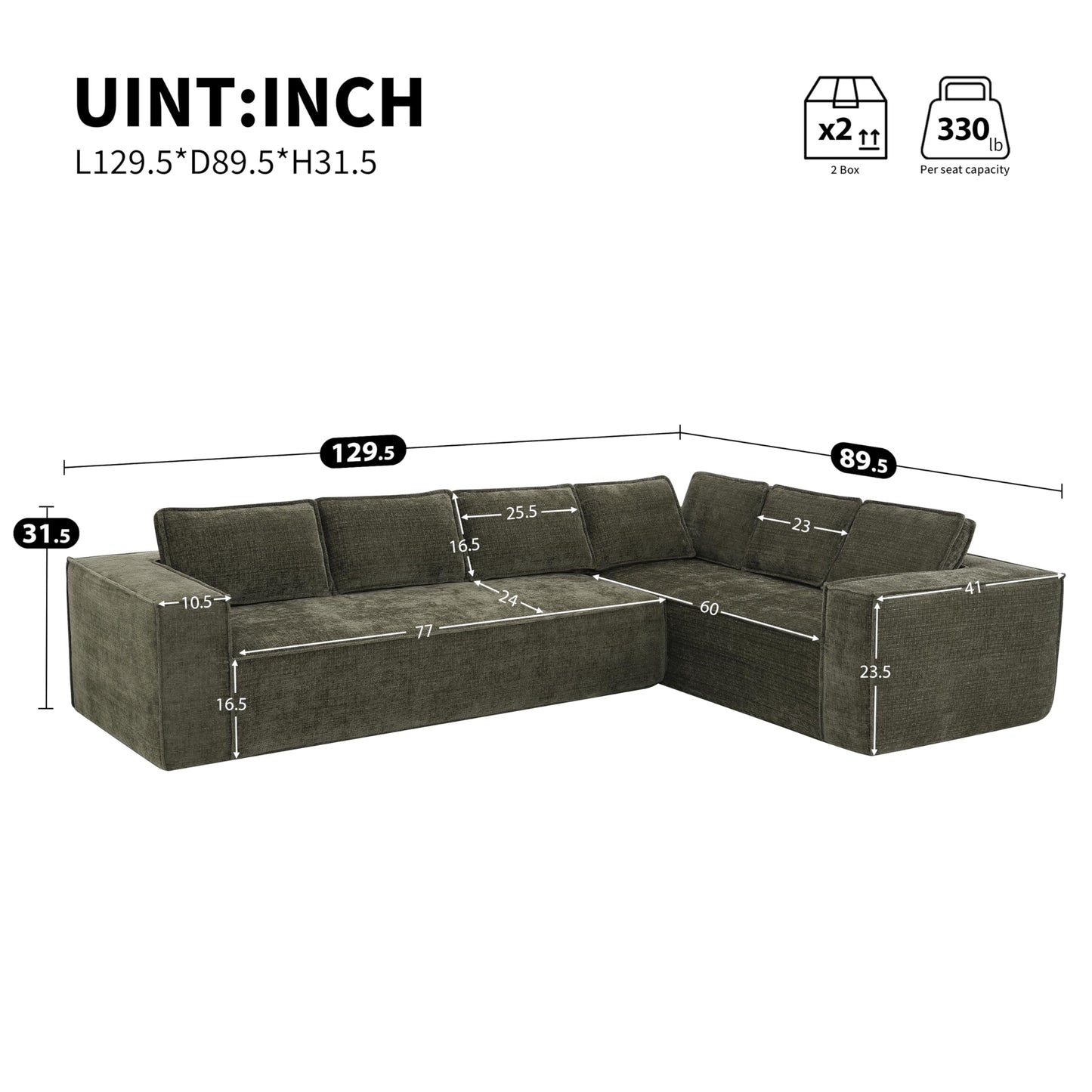 Merax Modern 129.5" L-Shaped Convertible Sectional Sofa with Cushions, Floor Modular 6-Seat Couch Set with Chaise for Living Room, No Assembly Requiered, Wrinkle-Resistant, Green