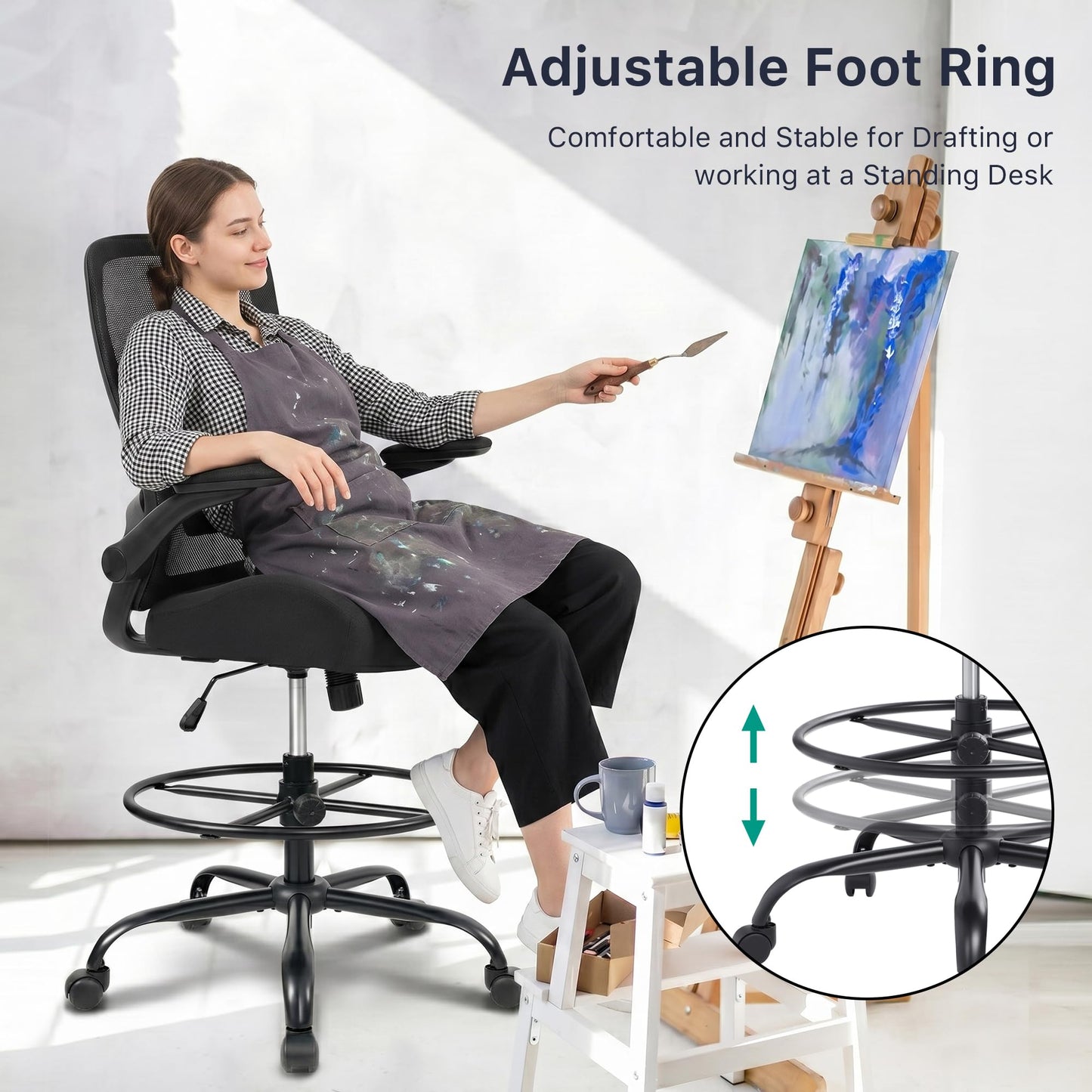 HYLONE 400lbs Big and Tall Heavy Duty Drafting Chair 5" Thickened Seat Tall Office Chair Flip-Up Armrests Ergonomic Chair with Lumbar Support and Adjustable Footrest Ring Standing Desk Chair (Black)