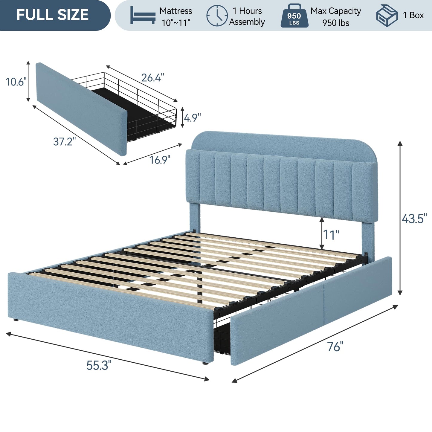 GAOMON Full Bed Frame with Storage Headboard, Boucle Kids Bed Frame with 2 Drawers, Upholstered Platform Bed Frame with Bookcase, No Box Spring Needed, Noise Free, Easy Assembly, Blue