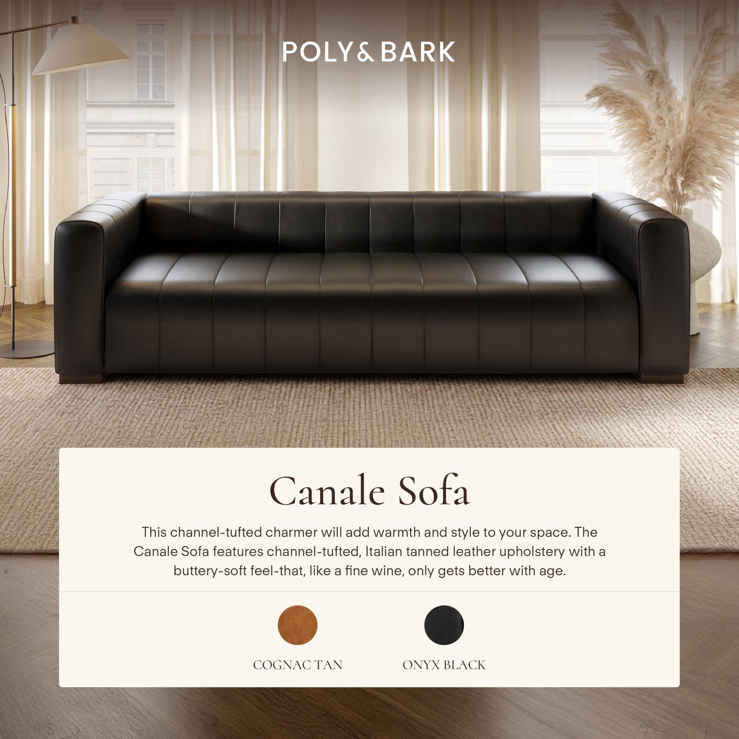 POLY & BARK Canale 99" Sofa in Onyx Black – Modern Living Room Couch with Deep Seating, Plush Cushions, Premium Upholstery, Contemporary Design, and Solid Wood Frame