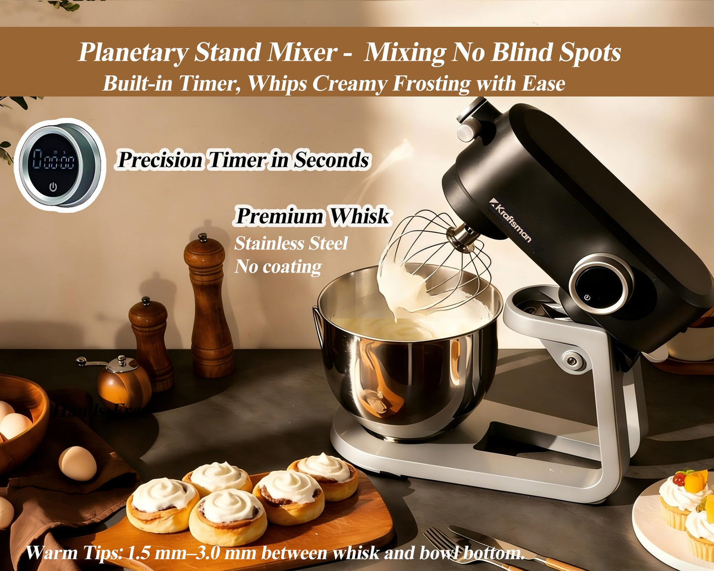 Kraftsman All Metal Stand Mixer DC Motor - Heavy Duty Dough Mixer 5.3 Quart with 4 Stainless Steel Attachments, Quiet Operation with Timer, Verstile Standing Mixer with Power Hub, 8-Speed (Black)