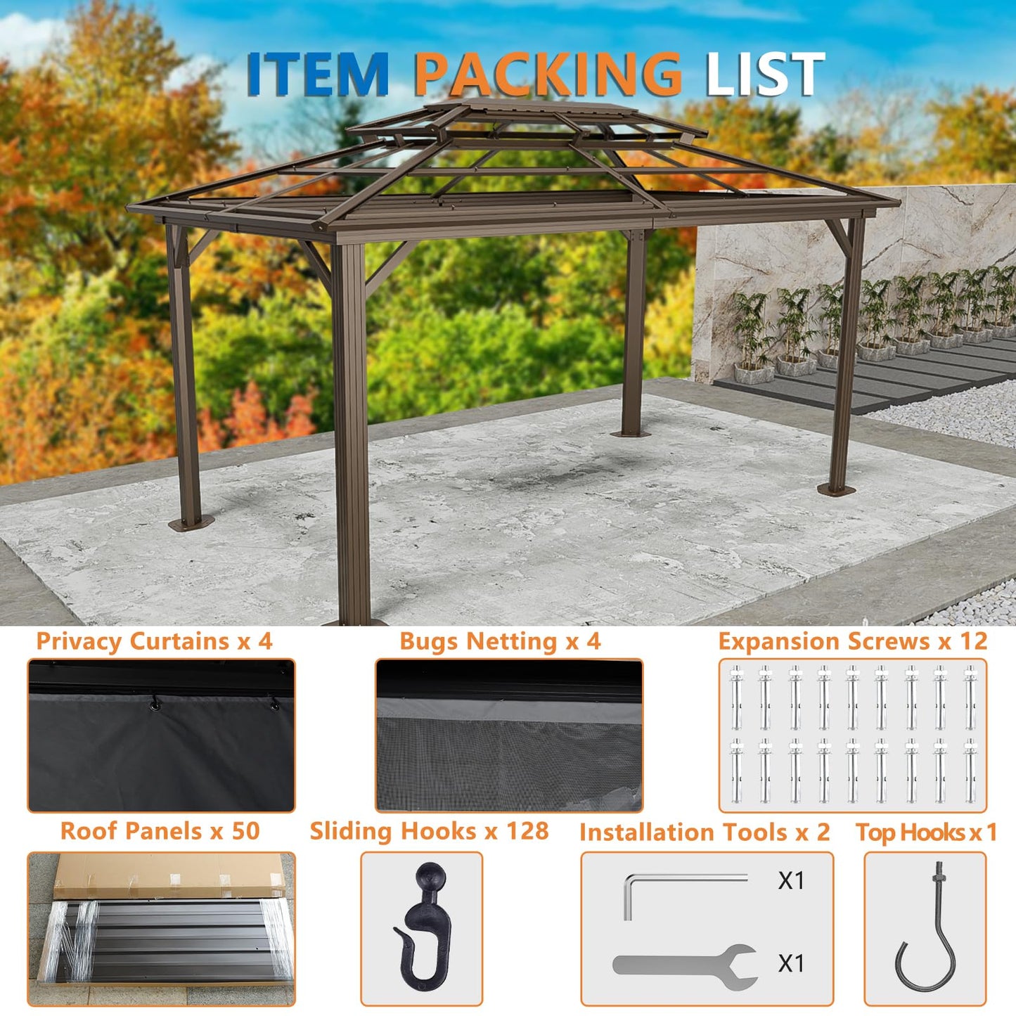 HOTEEL 10x15 Hardtop Gazebo On Clearance with Heavy Duty Galvanized Steel Metal Roof, Patio Hard Top Gazebo with Curtains & Netting,Outdoor Permanent Hot tub Gazebo Pavillon for Backyard,Deck,Brown