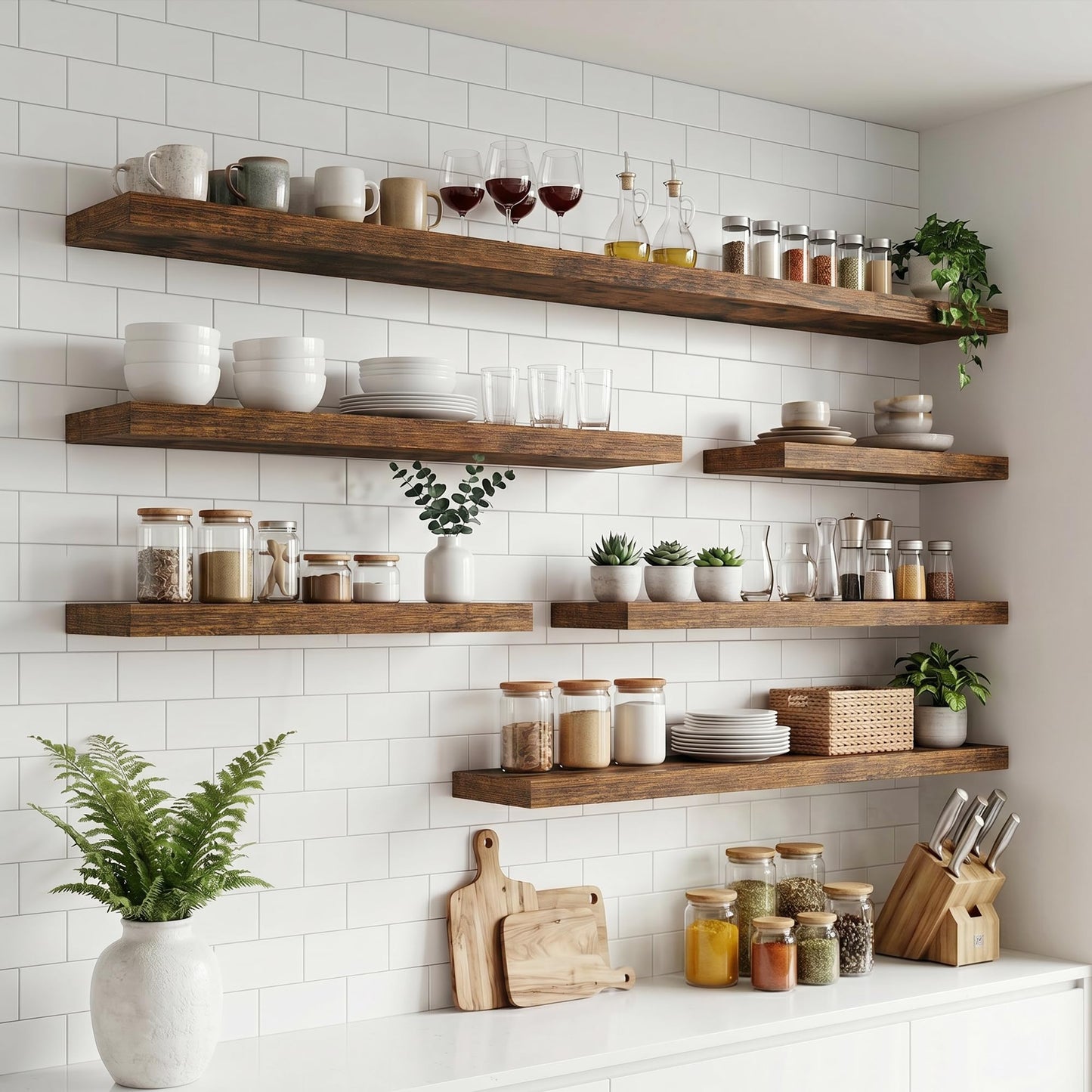 FLYJOE Floating Shelves for Wall, 72 Inch Floating Shelves Set of 2, 8" D Wooden Wall Mounted Display Shelves with Invisible Brackets for Living Room, Bedroom, Bathroom, Kitchen Decor, Brown