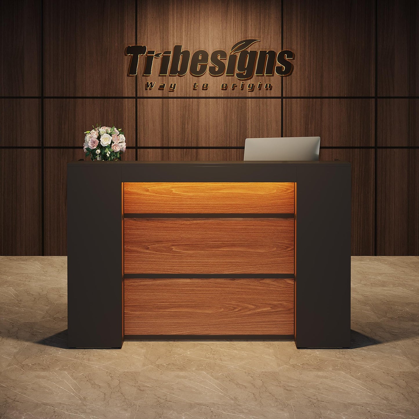 Tribesigns Reception Desk with LED Lights, 63 Inches Front Counter Desk for Checkout, Lobby, Salon, Retail, Modern Large Counter Table for Store Shop Clinic Office (Black&Brown)