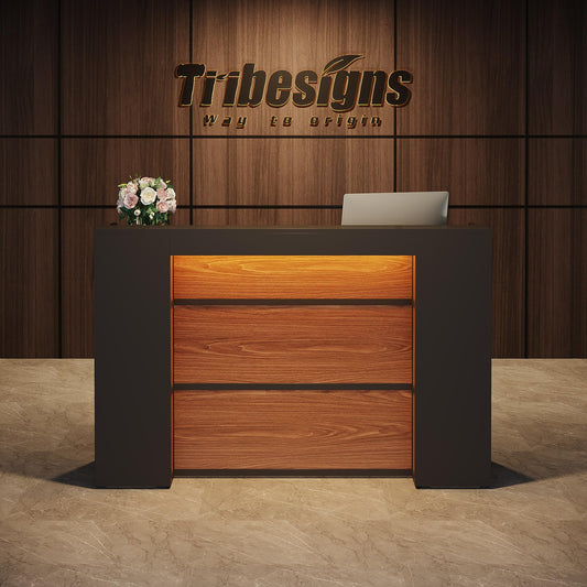 Tribesigns Reception Desk with LED Lights, 63 Inches Front Counter Desk for Checkout, Lobby, Salon, Retail, Modern Large Counter Table for Store Shop Clinic Office (Black&Brown)