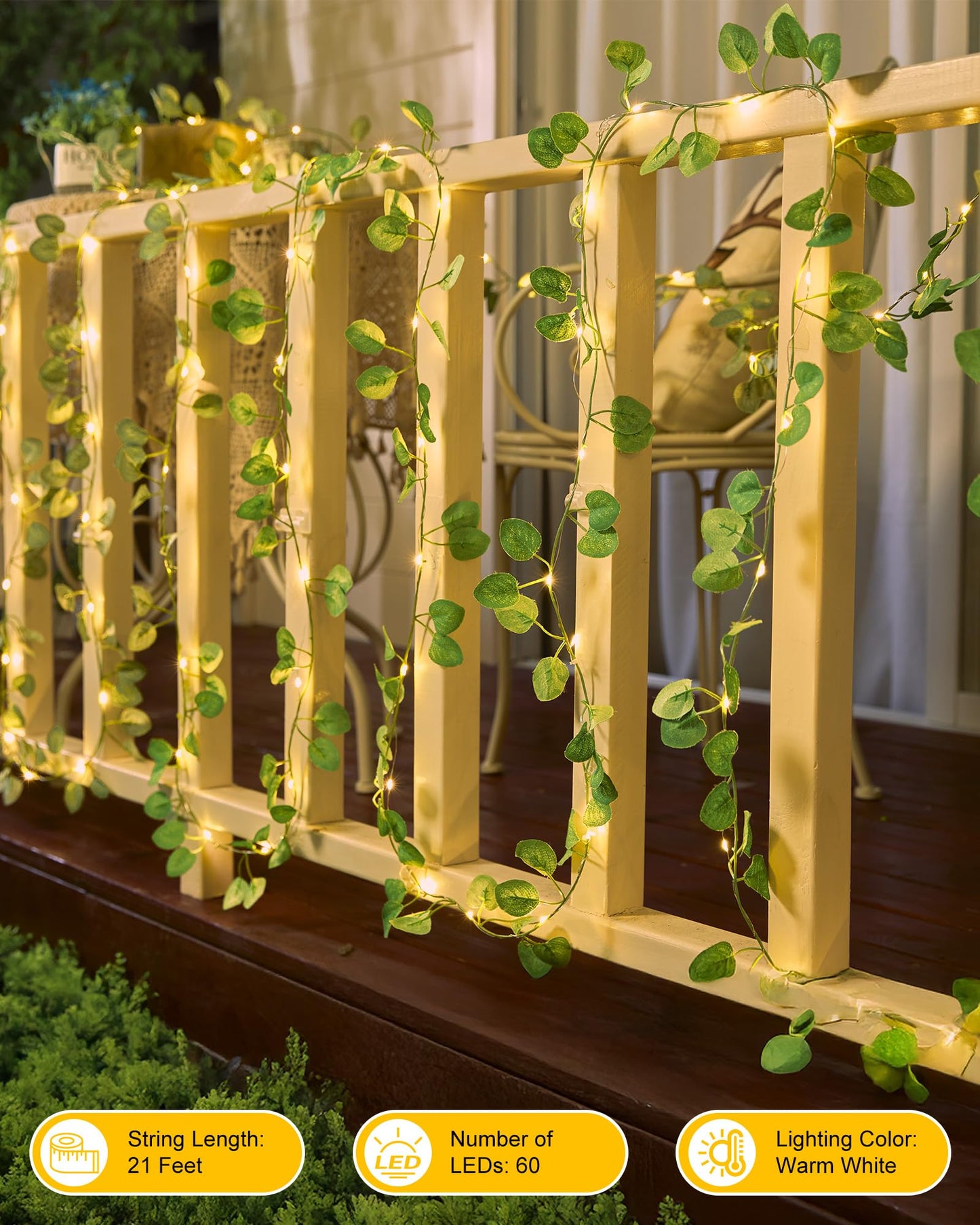 Minetom Fairy Lights - 21ft 60 LED Eucalyptus Garland with Remote Control for Bedroom and Wall Decorations