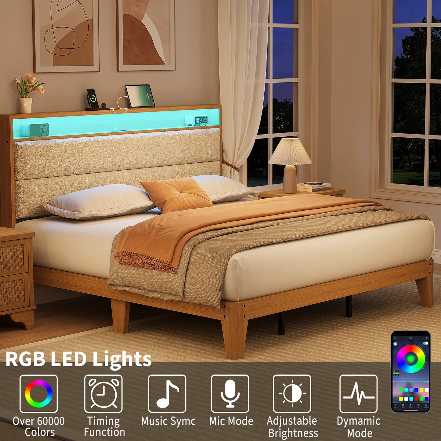 Garvee King Size Bed Frame with Storage Headboard, LED Boucle Bed Frame with Charging Station, Upholstered Platform Bed, No Box Spring Needed, Easy Assembly, Wooden Slats, Cream