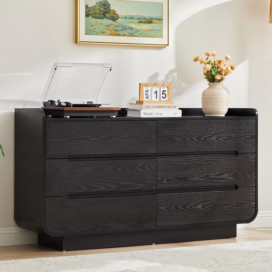 YUCHIATH Curved 6 Drawer Dresser for Bedroom, Modern 53-Inch Chest of Drawers, Wood Storage Dresser Organizers with Hidden Handles, 6 Drawer Dressers for Bedroom, Nursery, Living Room, Black