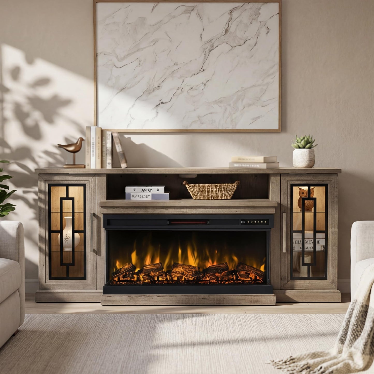 Unineo 75 Inch Electric Fireplace TV Stand, 3- Side Glass LED Modern Media Entertainment Center Console Table for TVs up to 80/85 Inch w/Adjustable Flame, 40’’ Fireplace, Highboy, Gray Wash