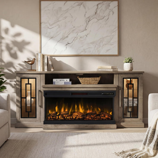 Unineo 75 Inch Electric Fireplace TV Stand, 3- Side Glass LED Modern Media Entertainment Center Console Table for TVs up to 80/85 Inch w/Adjustable Flame, 40’’ Fireplace, Highboy, Gray Wash