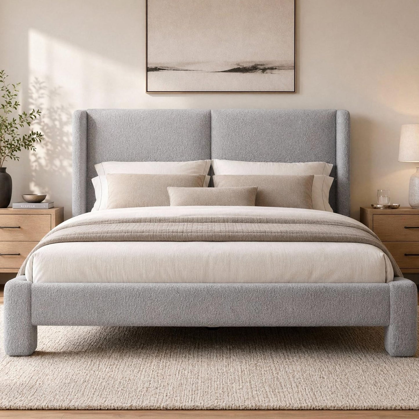 LIKIMIO Queen Bed Frame with Headboard, Upholstered Boucle Platform Bed with USB Ports, Base Camas Queen No Box Spring Needed, Gray