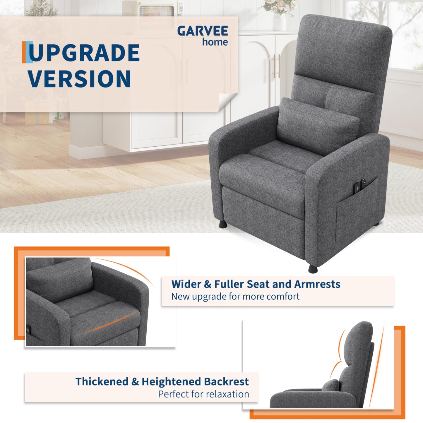 Garvee Power Recliner Chair, Adjustable Electric Recliner Ergonomic Overstuffed Single Sofa, Padded Seat, Side Pockets and USB Port, Home Theater Seating for Living Room