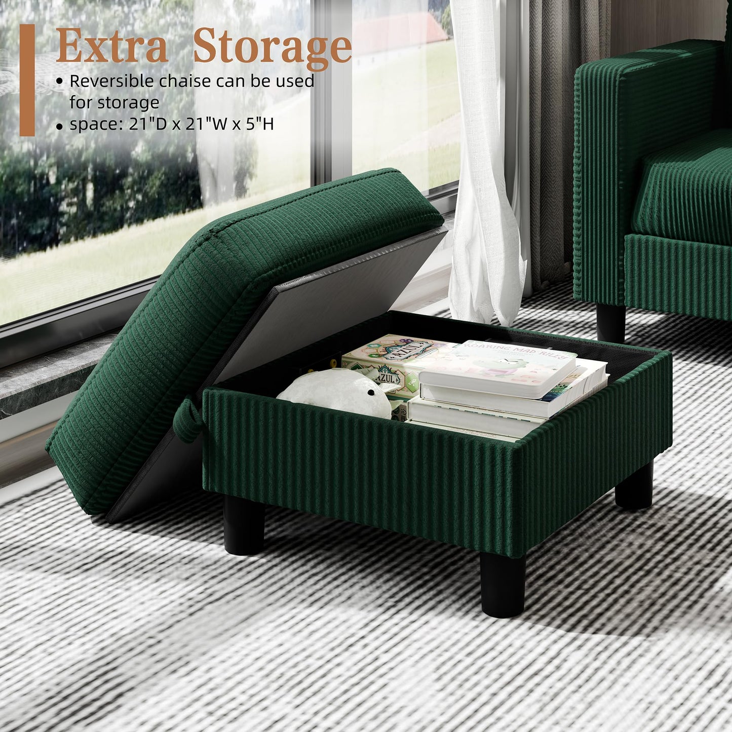 Shintenchi 76" Modern Upholstered Sectional Sofa, L-Shaped Couch with Storage Ottoman and Reversible Chaise for Living Room, Green Linen Fabric