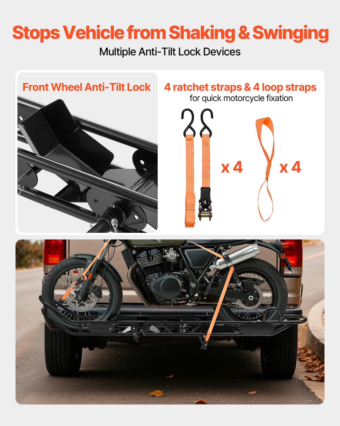 VEVOR Motorcycle Carrier, 500 lbs Capacity, Heavy Duty Steel Hitch Mount Rack with Anti-Tilt Lock Device, Straps & Stabilizer, Scooter Dirt Bike Trailer Hauler for Car Truck with 2-Inch Hitch Receiver