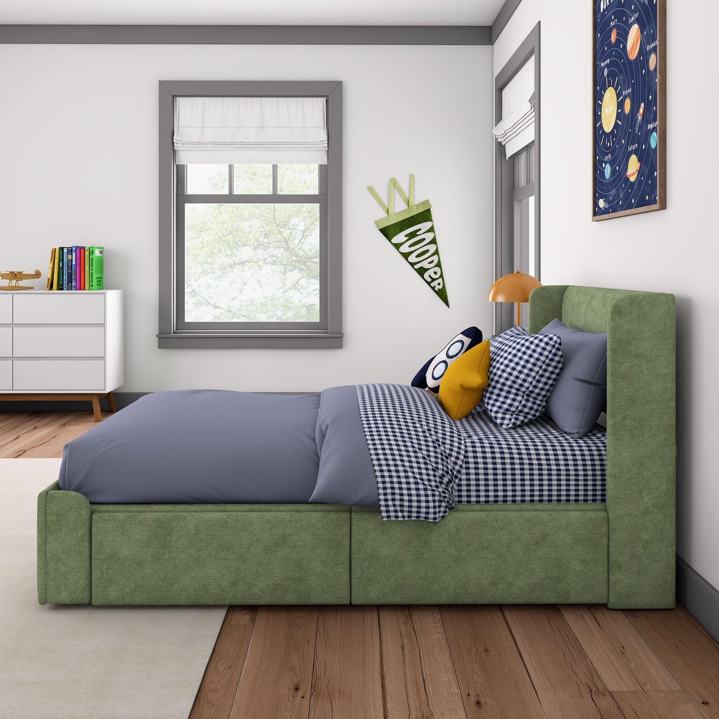 Max & Lily Upholstered Twin Bed Frame with Rectangular Headboard and Two Storage Drawers, Upholstered Platform Bed for Kids, No Box Spring Needed, Easy Assembly, Green