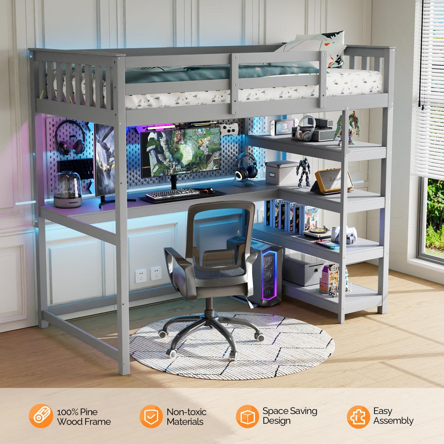 JOYMOR Bunk Bed with Desk and 4-Layer Shelves, Loft Bed Twin Size with Under Desk and Bookcase Storage, Twin Bed Frame for Kids, Adults& Young Teens