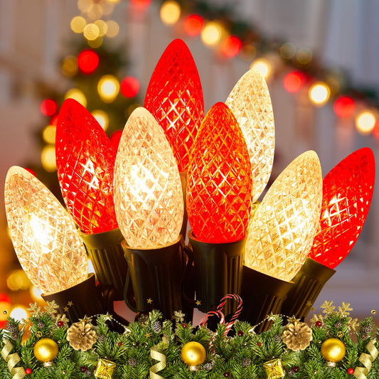 Minetom C9 LED Christmas String Lights - 100 FT, 50 LED, Waterproof, Red and Warm White, UL Certified for Indoor/Outdoor Decor