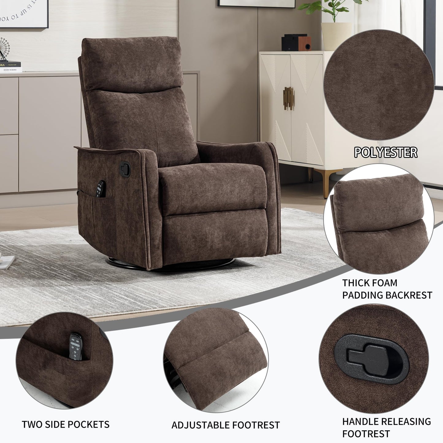KEIKI 4-in-1 Manual Swivel Rocker Recliner Chair for Home Living Room, Polyester Chair with Back Massager & Heat, Home Theater Seating with Lumbar Support, Cozy Modern Style for Old Money, Brown