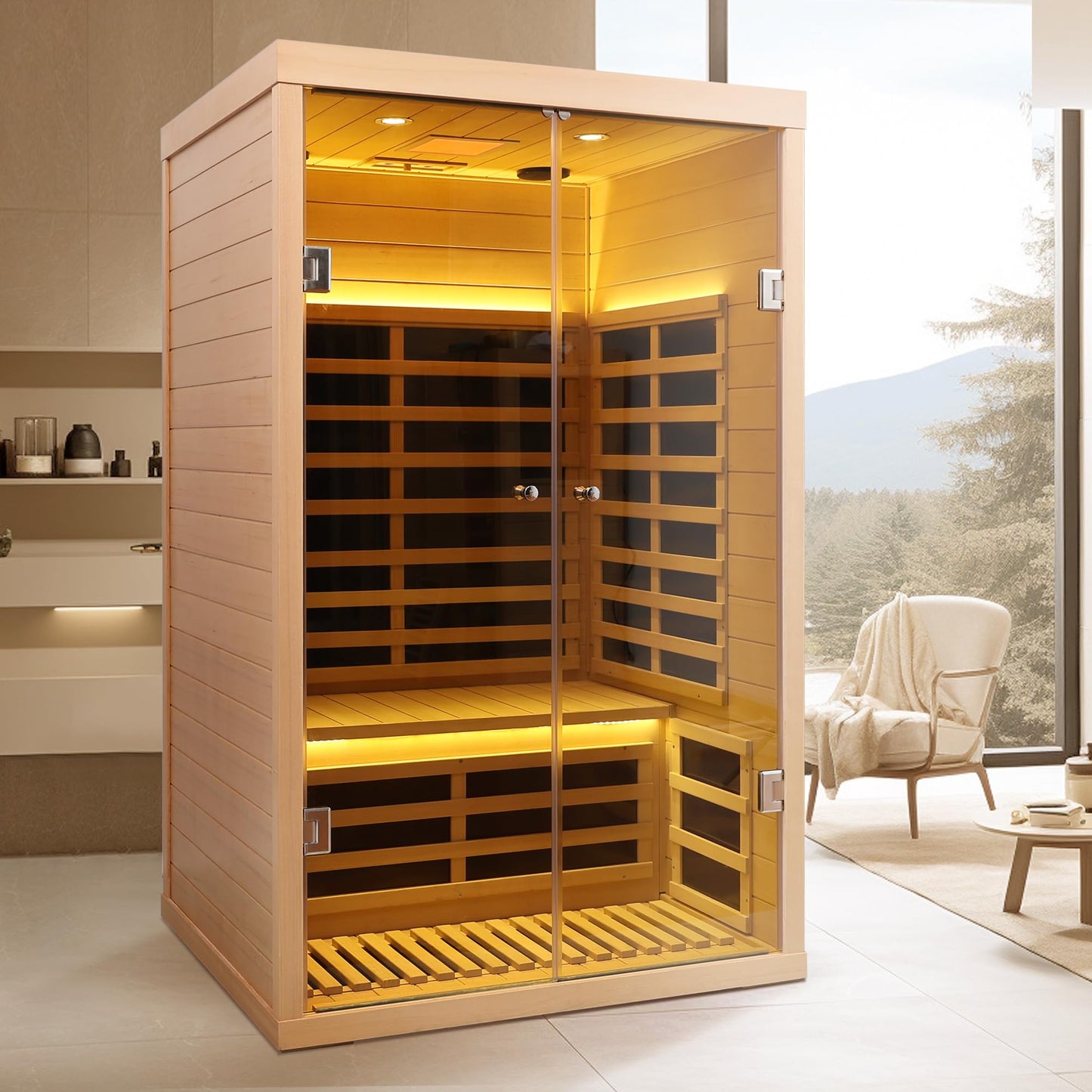 2-Person Far Infrared Sauna Room, Hemlock Wood, 47.24x38.19x76.38 Inches, Low EMF with Bluetooth, LED Light
