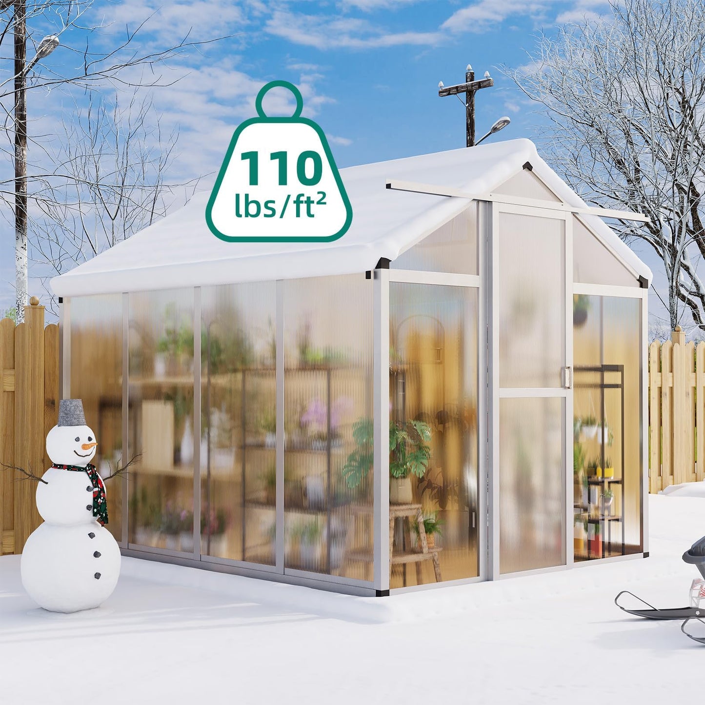 GAOMON 6 x 8 ft Greenhouse for Outdoor with Sliding Door, Green House with Polycarbonate Panel & Ajustable Roof Vent & Ground Nails, Walk-in Aluminum Greenhouses for Garden, Patio