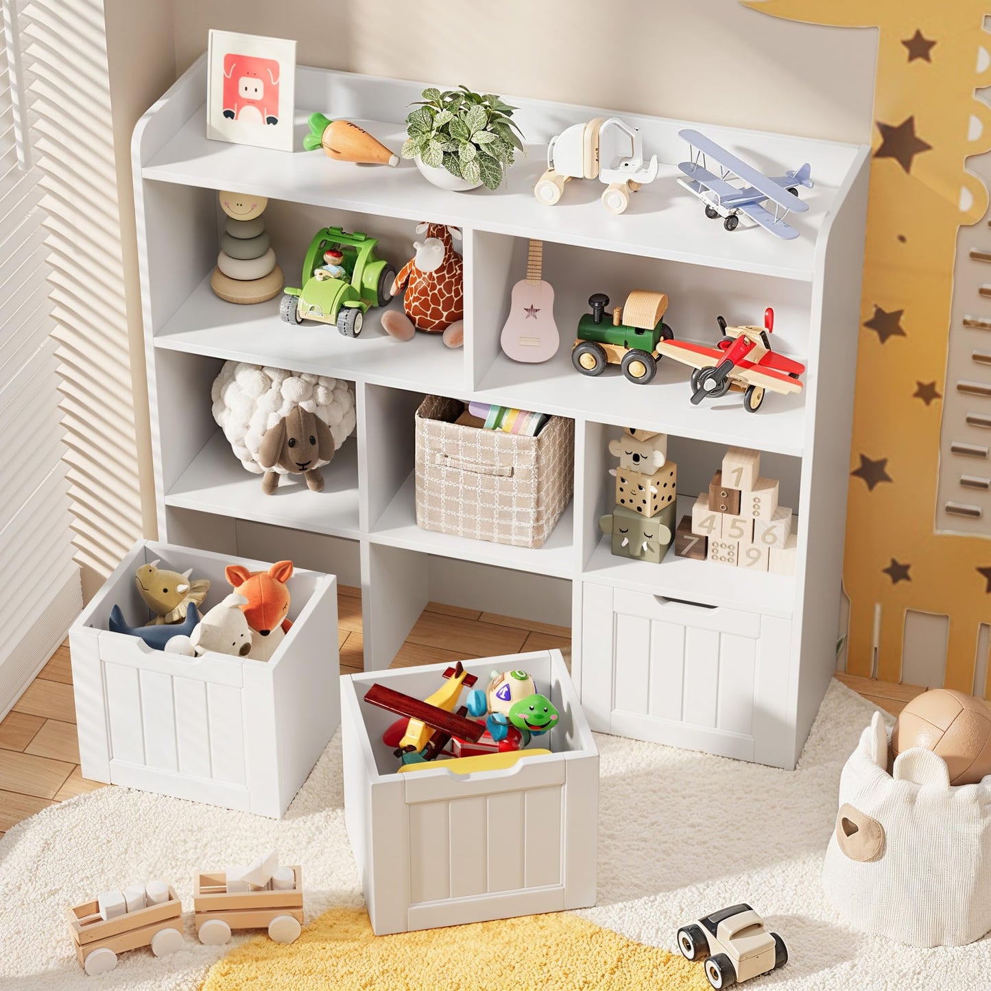 Gizoon Toy Storage Organizer with 3 Movable Drawers and 6 Open Shelves Kids Bookshelf Featuring Fall Prevention Barrier for Playroom Nursery Kids Room Organization, White, Painted