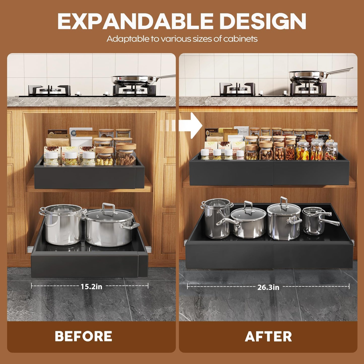 Seinloes 4 Pack Expandable Width (15.15"-26.3") Pull Out Cabinet Organizer 21" Deep with Raising Pad for Framed Cabinets, Upgrade 3 Slide Rails Slide Out Drawers, Roll Out Shelves Adhesive, Black