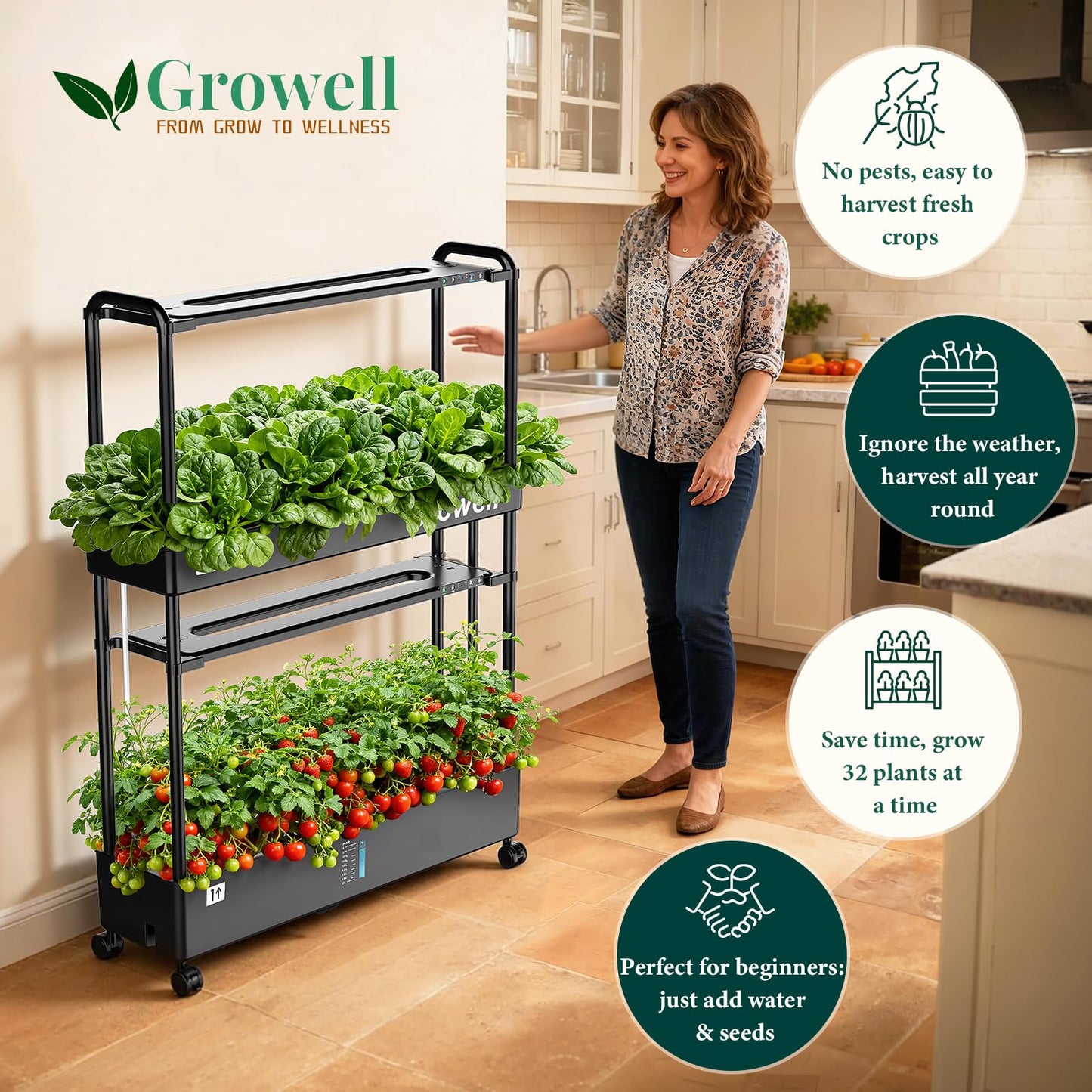 Growell Large Basket Hydroponics Growing System Kit, 32 Pods Vertical Hydroponic Garden with 2 Grow Light Modes, Auto Circulating Water System, 32L Indoor Gardening System for Herb Vegetable Fruit