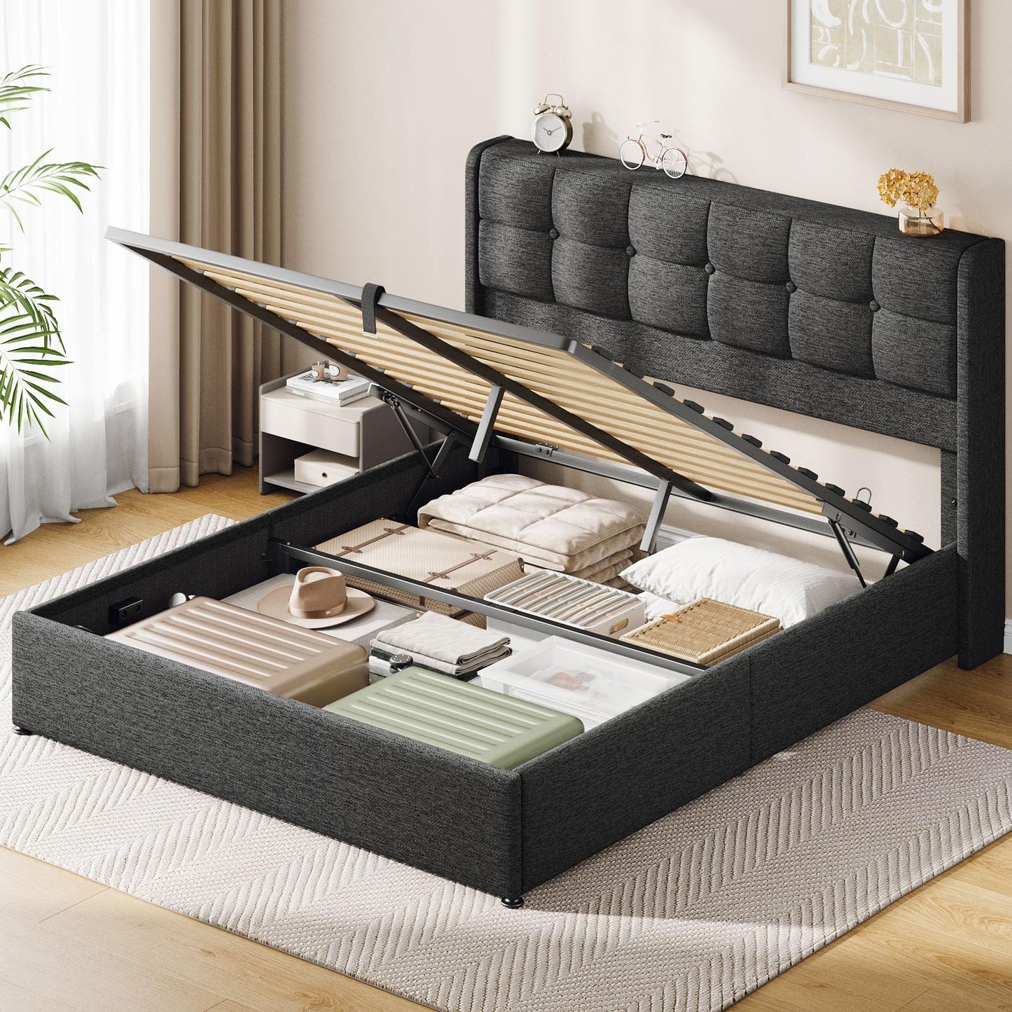 Vinabilia Lift Up Queen Size Bed Frame with Storage, Upholstered Queen Bed Frame with Wingback Headboard, No Box Spring Needed, Easy Assembly - Dark Grey