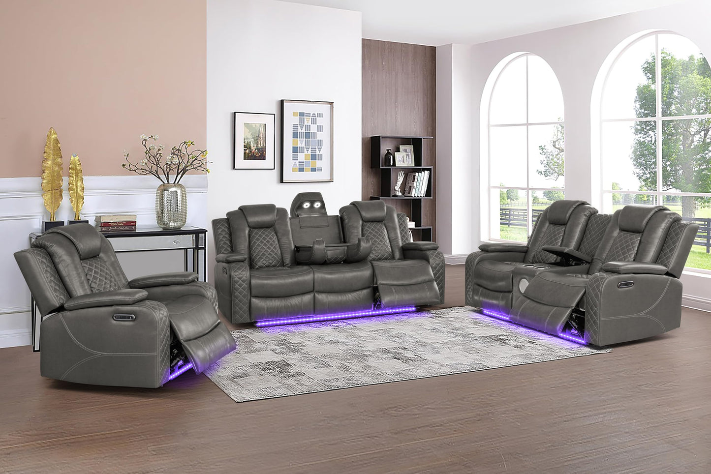 Ball & Cast Power Recliner Sofa Set Leather Reclining Couch Home Theater Seating 3PCS Recliner Couch Loveseat & Chair Sets with Wireless Charing,Cup Holders,Storage Box for Home Theater,Living Room