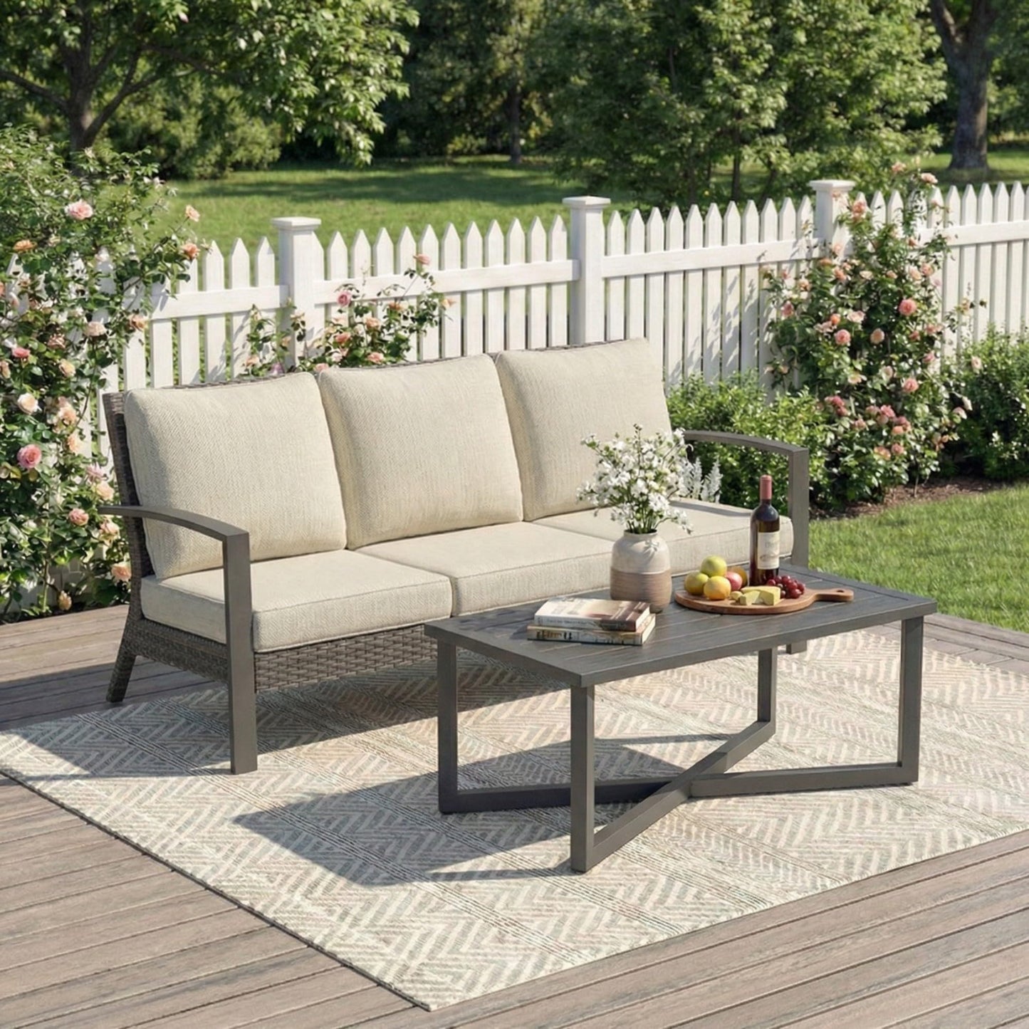 Green4ever Patio Sofa, 2 Pieces Patio Furniture Set with Coffee Table, Wicker Outdoor Furniture with Cushions, Outdoor Couch Set for Porch, Outside Couch for Pool, Deck, Garden, Backyard, Beige