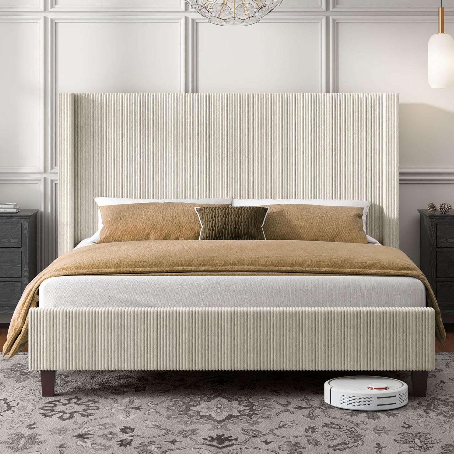 HOWE King Size Bed Frame with 50.8 Inch Corduroy Wingback Headboard, Cream