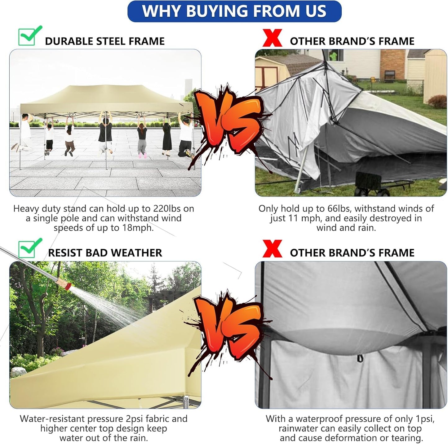 COBIZI 10x20 Pop up Canopy Tent Heavy Duty, Easy Set-up Commercial Outdoor Party Tent, 100% Waterproof Wedding Tents Gazebo, 3 Height Adjustable with Wheeled Bag, Khaki