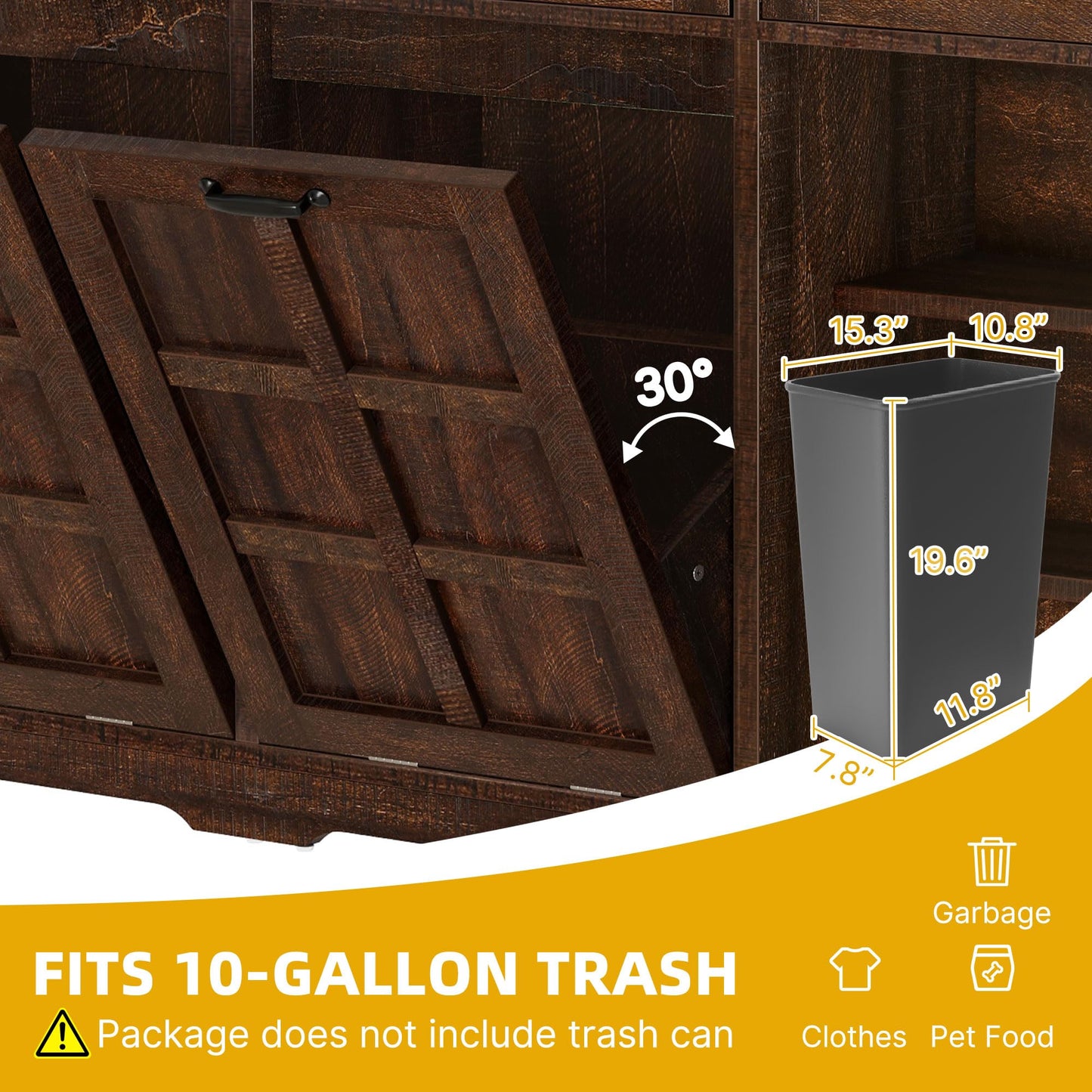 DWVO 58.3" Rustic Kitchen Island Storage Cabinet, Tilt Out Trash Can Cabinet, Farmhouse Kitchen Island with 3 Drawers, 2 Tilt-Out Doors for 10 Gallon Bins, Adjustable Shelf
