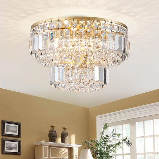 Bestier Modern Flush Mount Chandelier, Gold, LED Ceiling Light Fixture, 4 G9 Bulbs Required, 13in Diameter x 9in Height, Model AK-AJ-18176