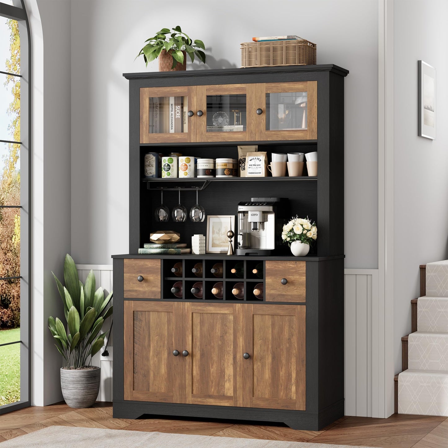 68.7 " Pantry Cabinet with LED Light and Charging Station, Kitchen Pantry Storage Cabinet with Countertop, Large Kitchen Hutch with Wine Rack & Adjustable Shelves for Dining Room, Living Room