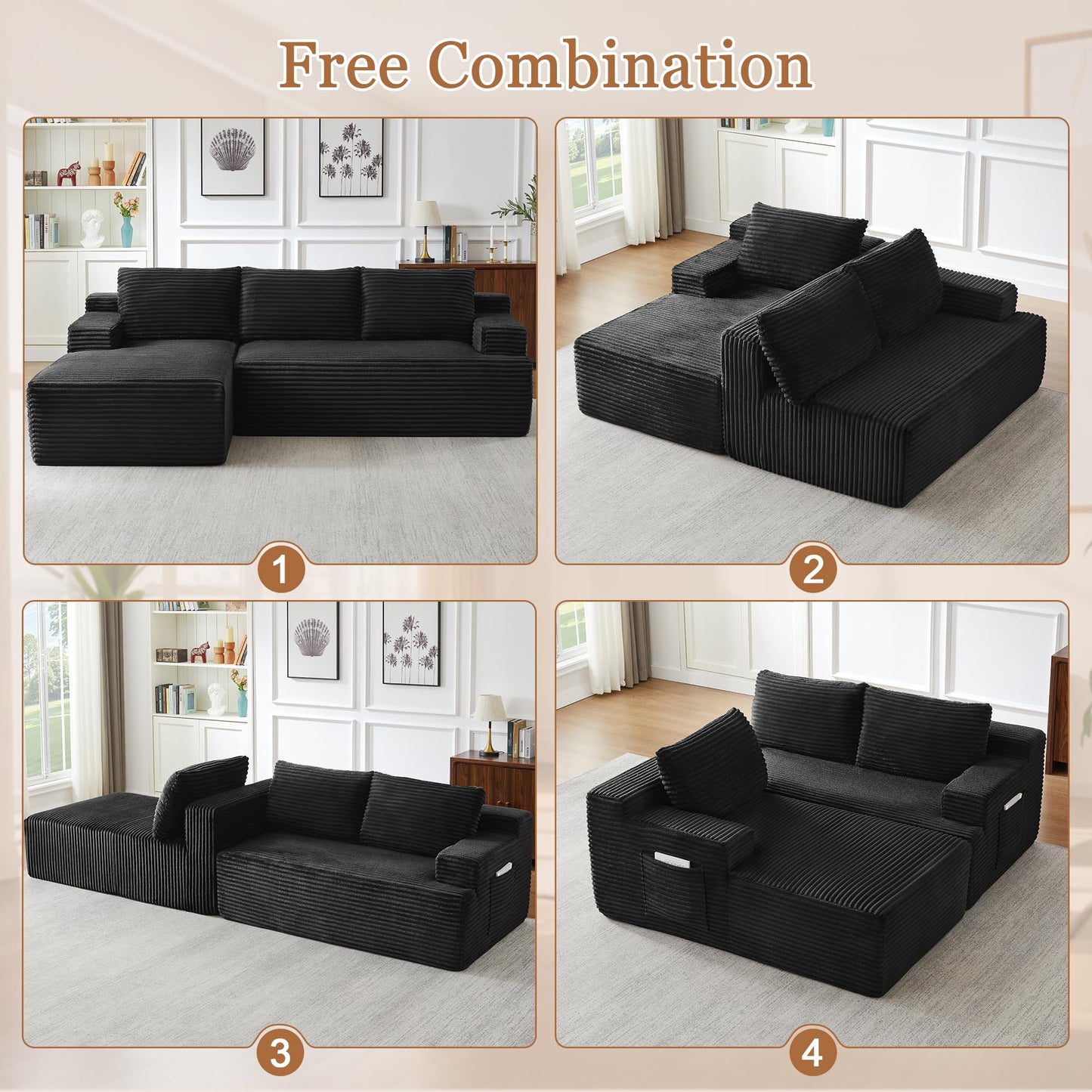 96" L Shaped Cloud Sectional Couch with Chaise, Deep Seat Modular Sectional Sofa Corduroy Memory Foam Sofa Boneless Couches for Living Room Bedroom, No Assembly Required