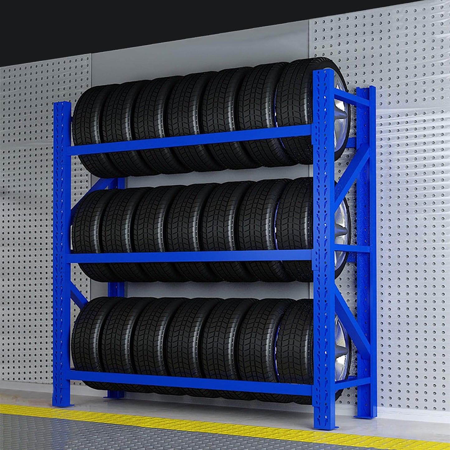 AOCDNEK Adjustable Height Tire Storage Rack for Garage, Maximum Load 1100 lbs, Blue, 3 Tiers(78.7x19.6x78.7in)