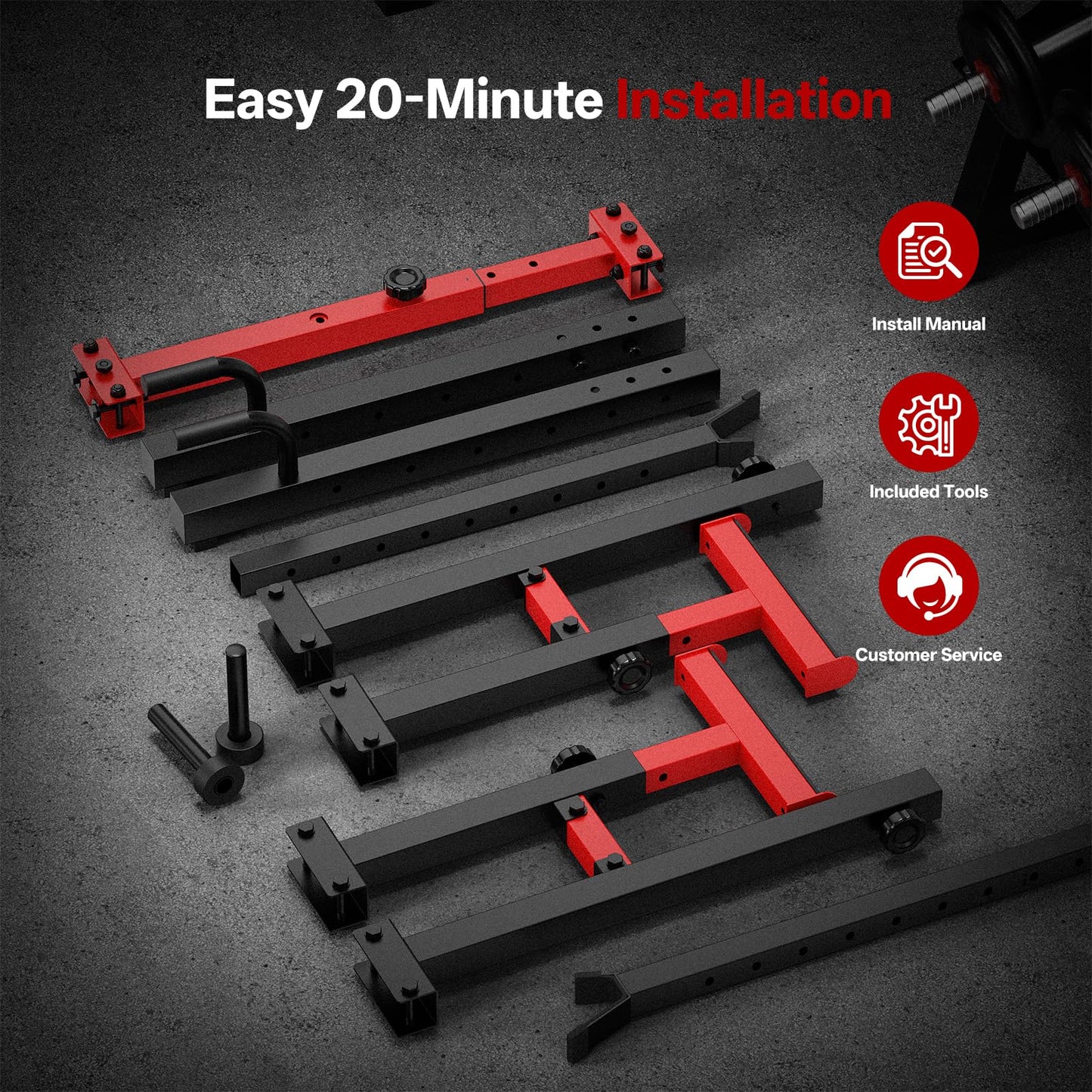 PASYOU Adjustable Squat Rack Stand, 1200 LBS Total Capacity Multi-Function Bench Press Station with Spotter Arms and Push-Up Handles Dumbbell Rack, for Home Gym Strength Training, Red
