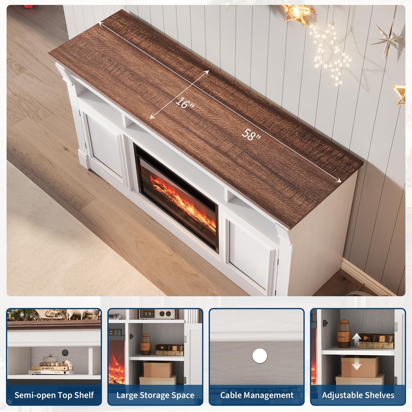 IDEALHOUSE 58 Inch Fireplace TV Stand,Wooden Entertainment Center with 30 Inch Fireplace, Farmhouse Media Console with Storage Cabinets for Living Room, White&Brown