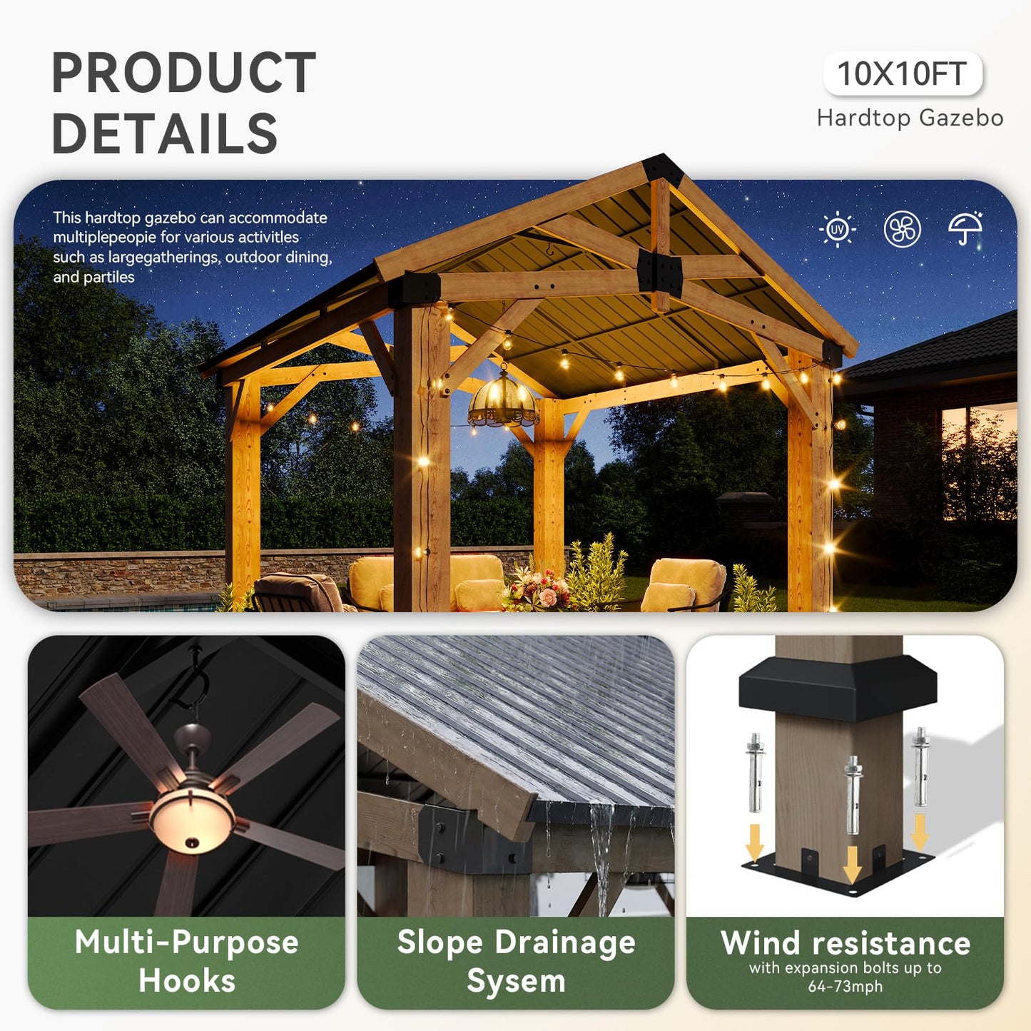 Aoxun 10' x 10' Outdoor Wood Gazebo, Hardtop Gazebo Permanent Wooden Pavilion with Galvanized Steel Gable Roof, for Patio, Garden, Backyard, Cedar Wood