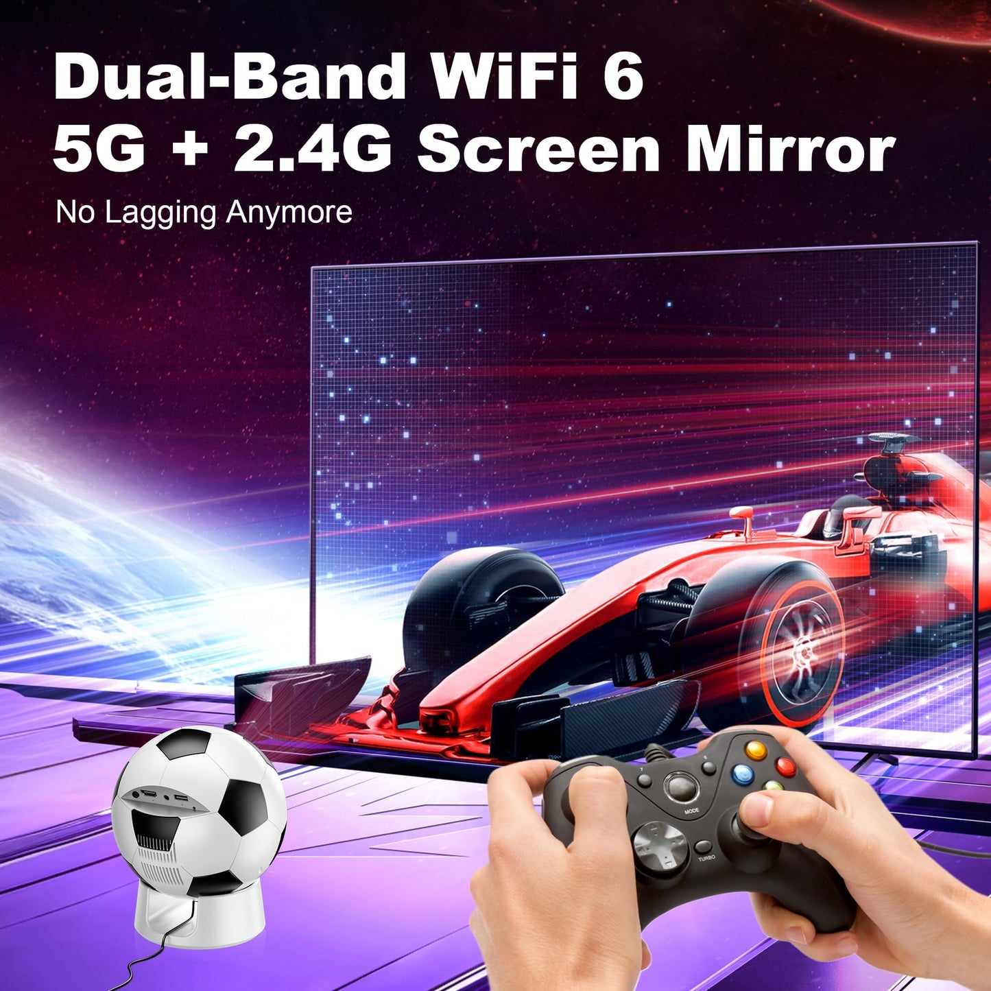 Soccer Fan's Ultimate Native 1080P Projector with Built-in Apps, Bluetooth Projector with Dual Bond Wi-Fi 6, 180° Rotatable Integrated stand, Gift for Big Soccer Match Supporters