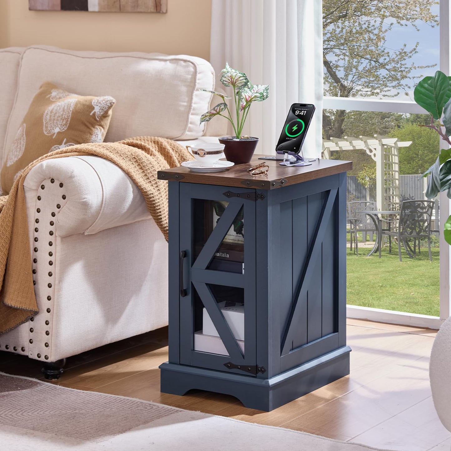Joaxswe End Table Set 2 with Charger Station, Farmhouse 18'' Narrow Night Stand and 24" Square Side Table with Glass Barn Door Storage, Wood Nightstand Bedside Tables for Living Room Bedroom