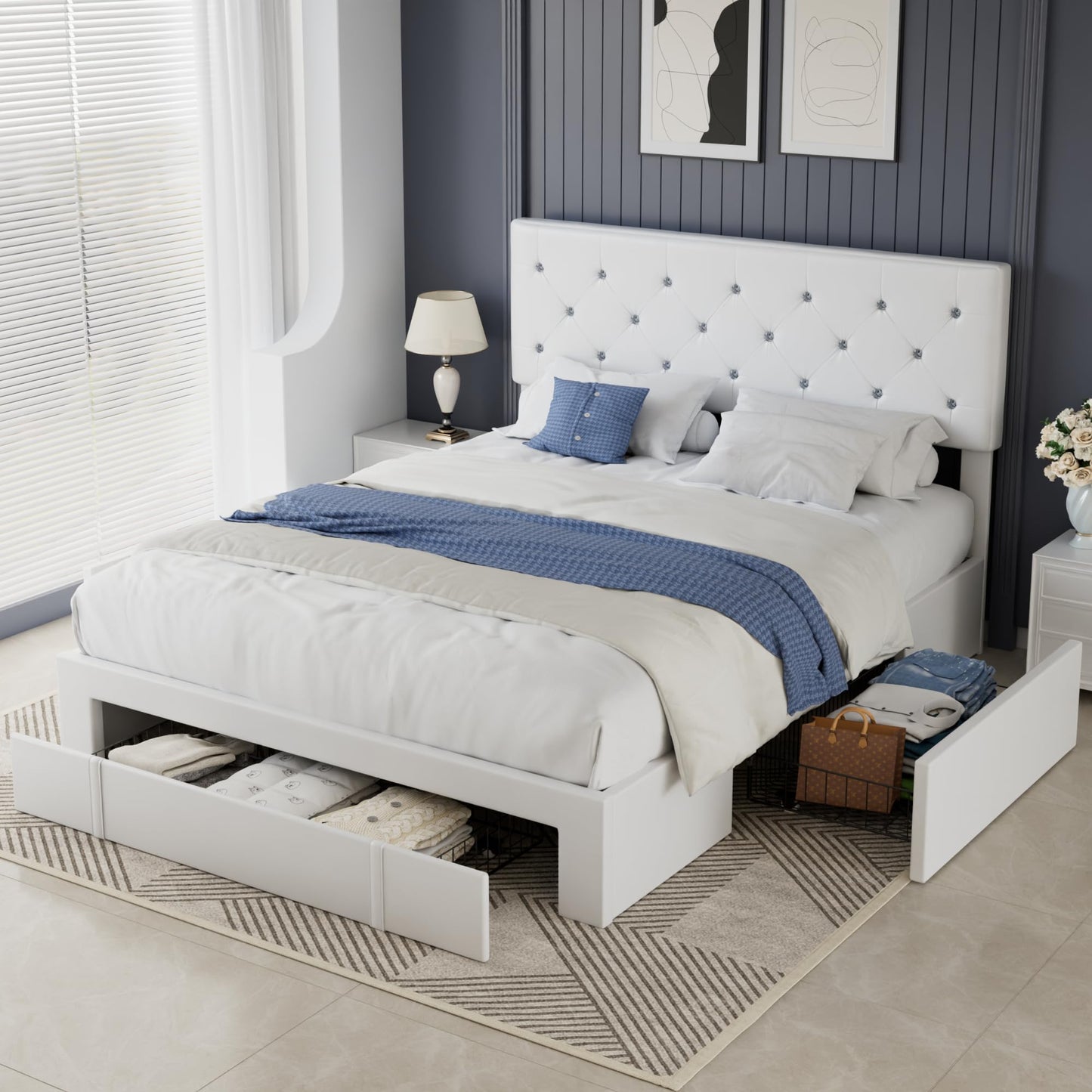 VECELO Full Size Bed Frame with 3 Storage Drawers, Leather Upholstered with Diamond Tufted Headboard, Solid Wood Slat Support & Steel Framework, PU & White