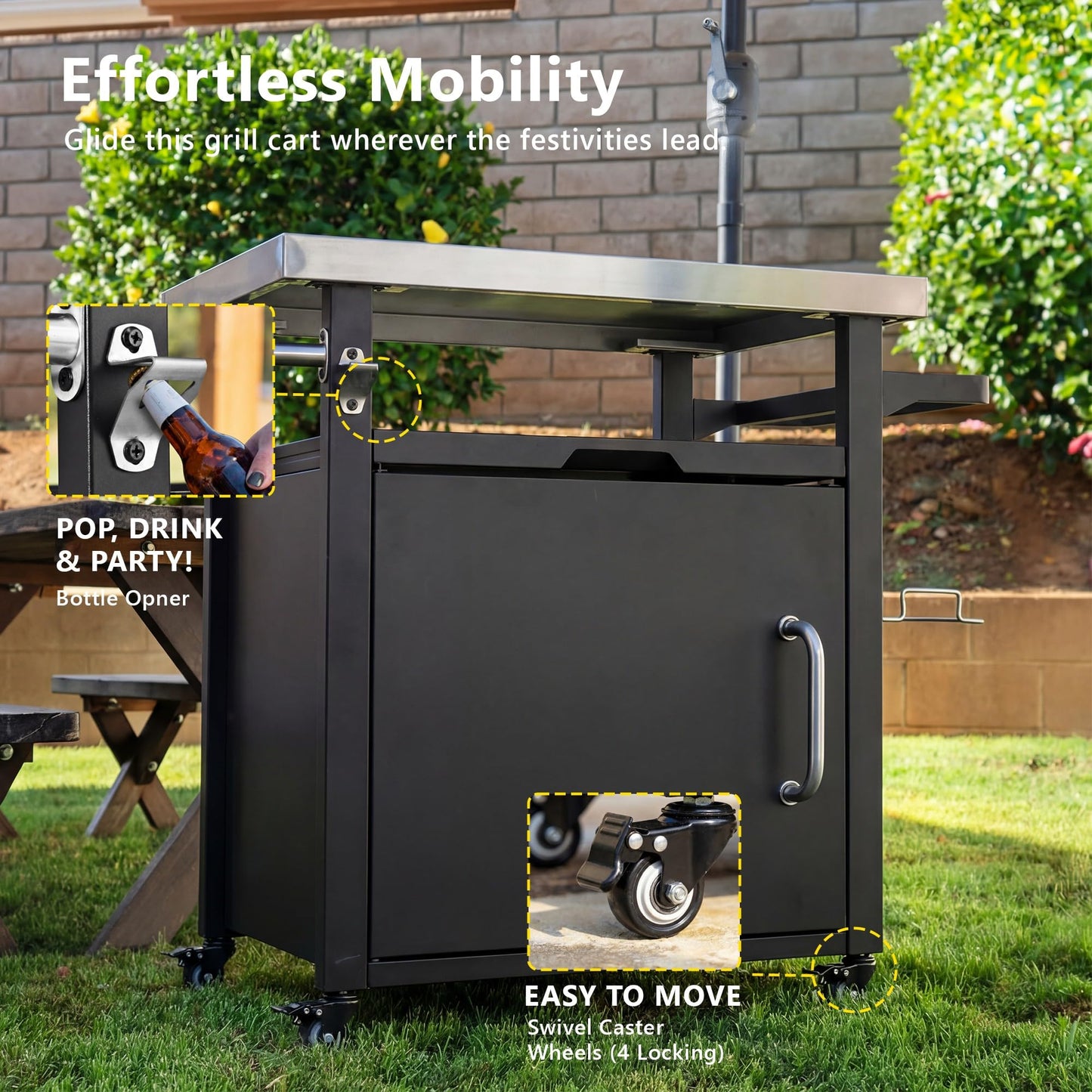 Merax 39.5" Outdoor Grill Cart with Pizza Topping Station, Grill Table Stand with Spice & Paper Rack for BBQ, Movable Food and Prep Workcart, Rolling Kitchen Island, Waterproof Cover Included, Black
